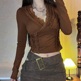 Vintage Wood Ear Trim V-Neck Long Sleeve T-Shirt