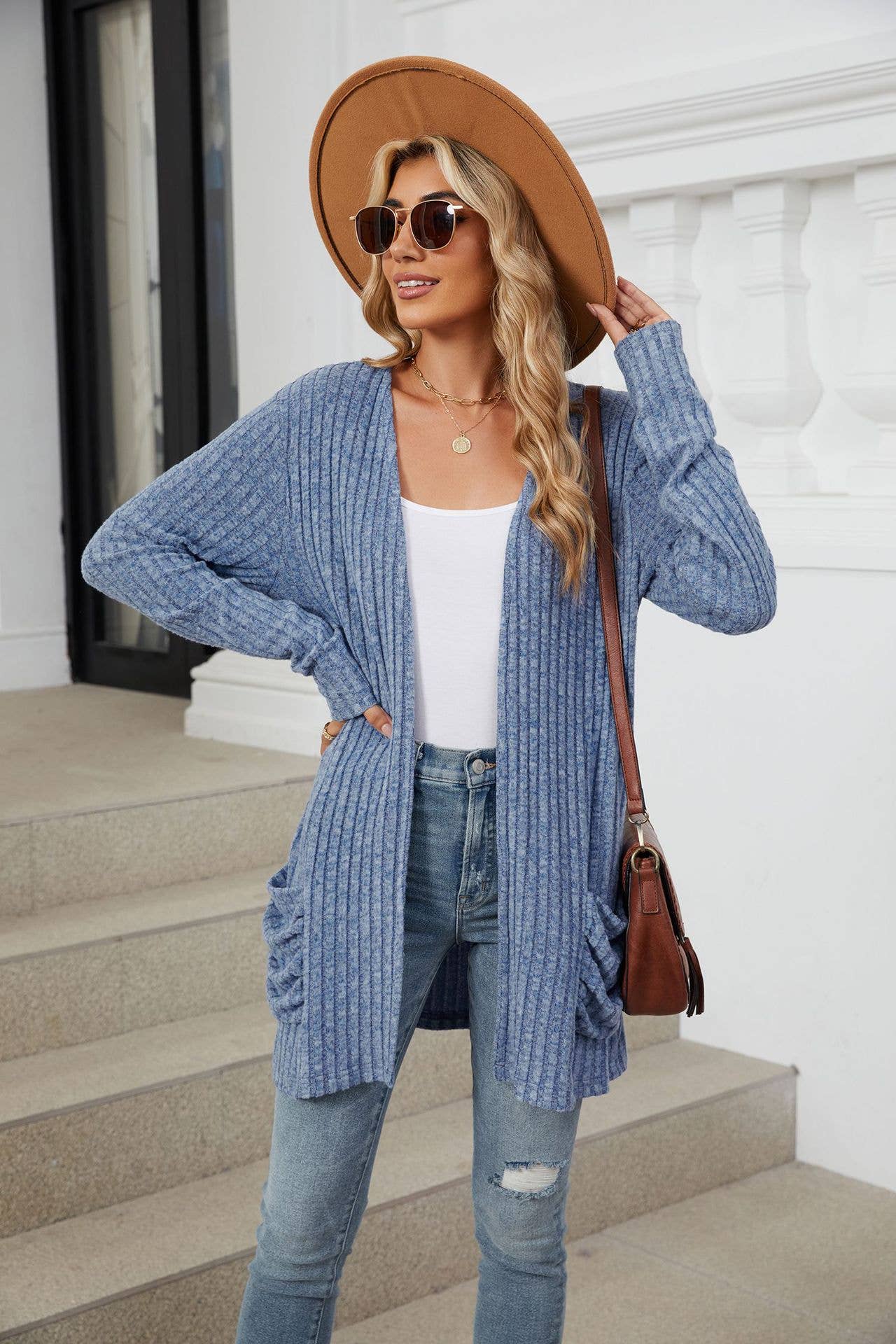 Solid-Color Casual Pocket Long-Sleeved Cardigan