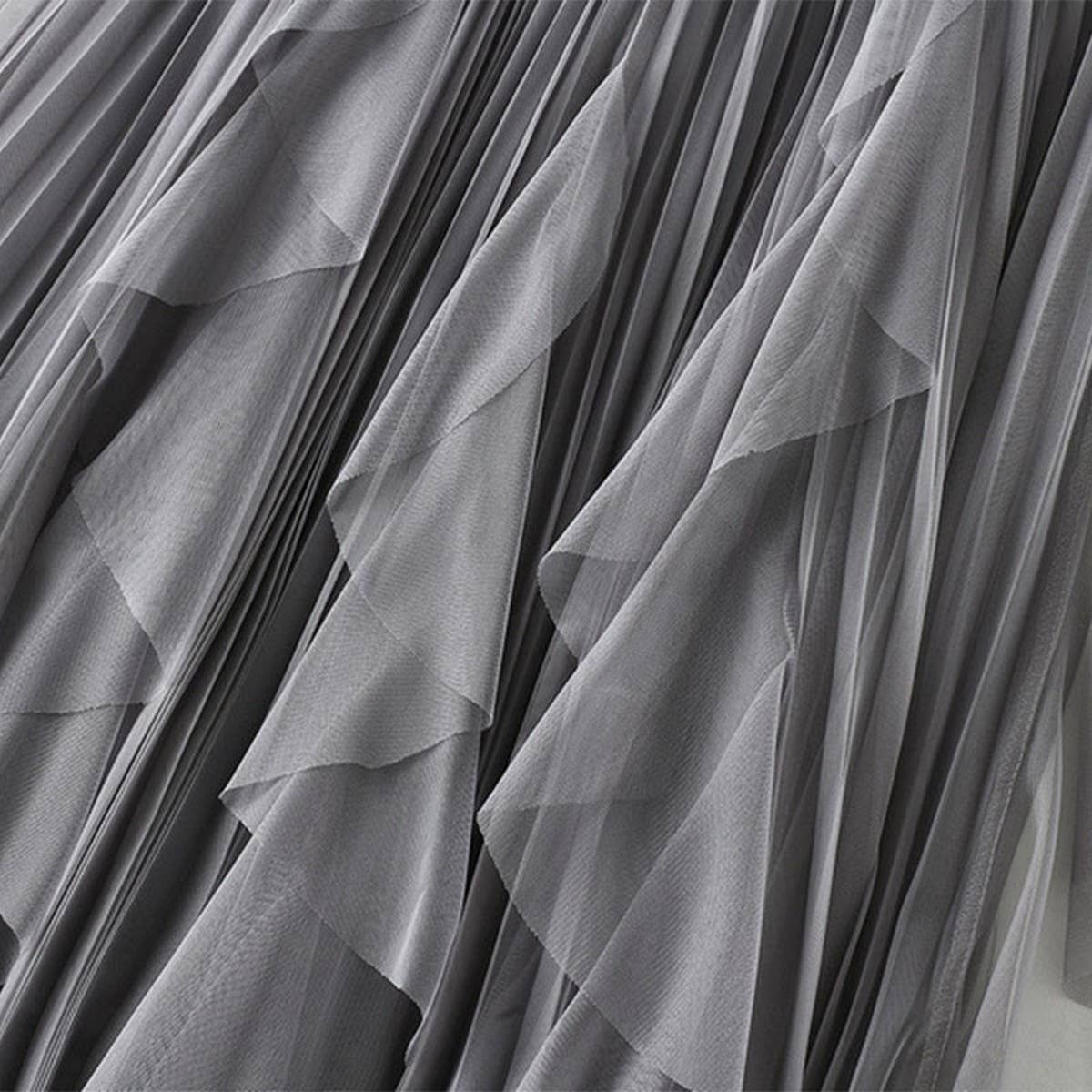 RUFFLED MESH PANEL HIGH WAIST PLEATED MIDI SKIRT_CWBMS0381