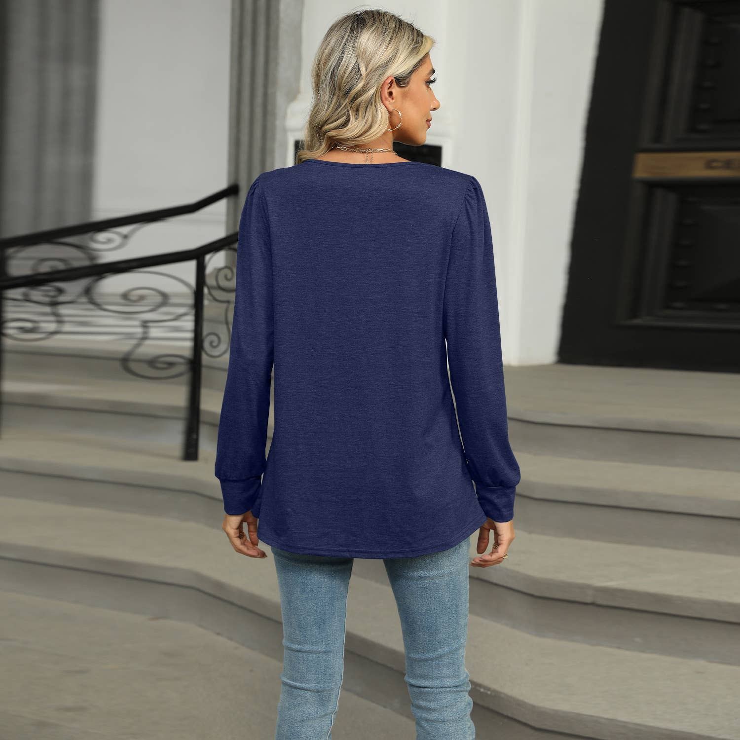 Solid Color U-Neck Pleated Long Sleeve T-Shirt