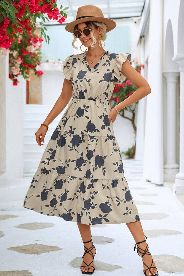 CWDMD2806_V-NECK PRINTED FLYING SLEEVE MIDI DRESS