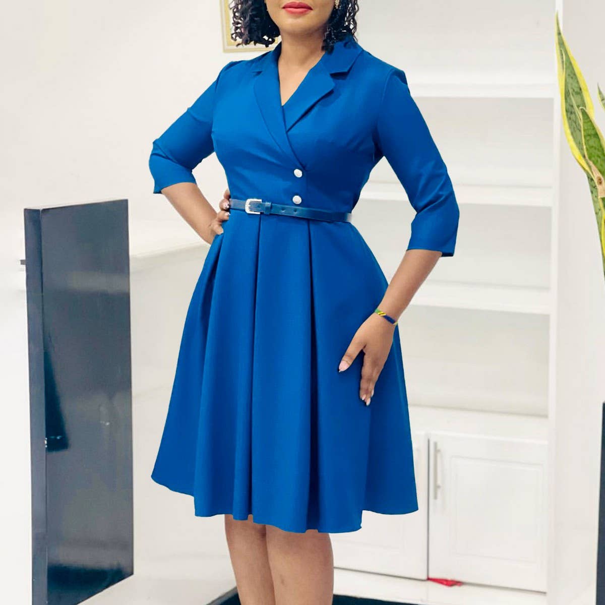 SOLID COLOR SUIT COLLAR HIGH WAIST DRESS_CWDSD6065