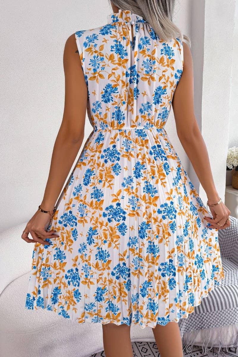 Women Floral Waist Pleated Dress_Cwdsd2520