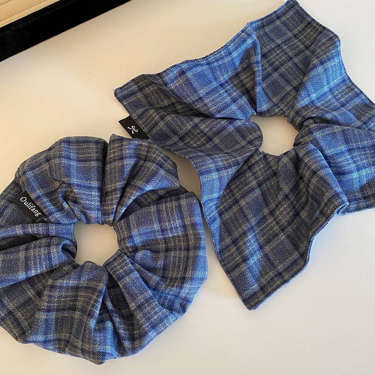 Blue Plaid Scrunchie Soft Gentle Fabric Tie_Cwaha08189