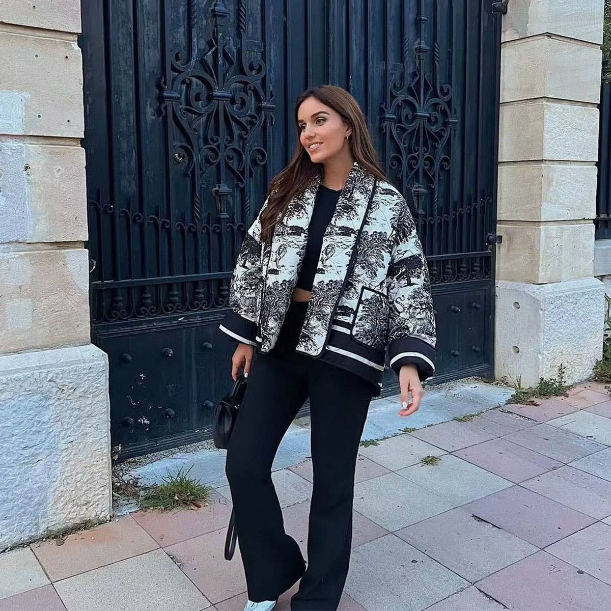 QUILTED JACKET WITH FLORAL PRINT LAPEL_CWOJA1565