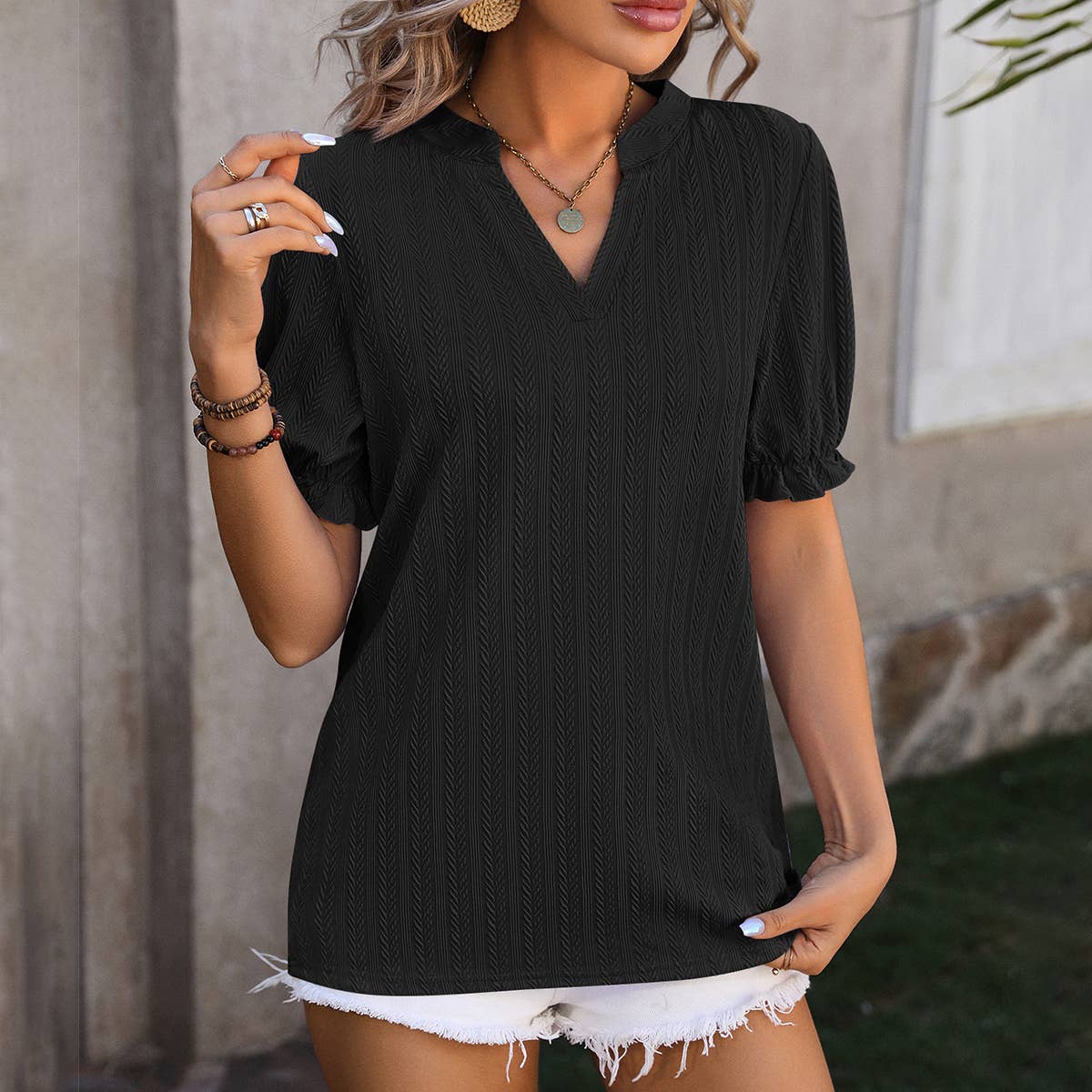 Solid Color V Neck Ear Of Wheat Short Sleeved Top_Cwtts0898