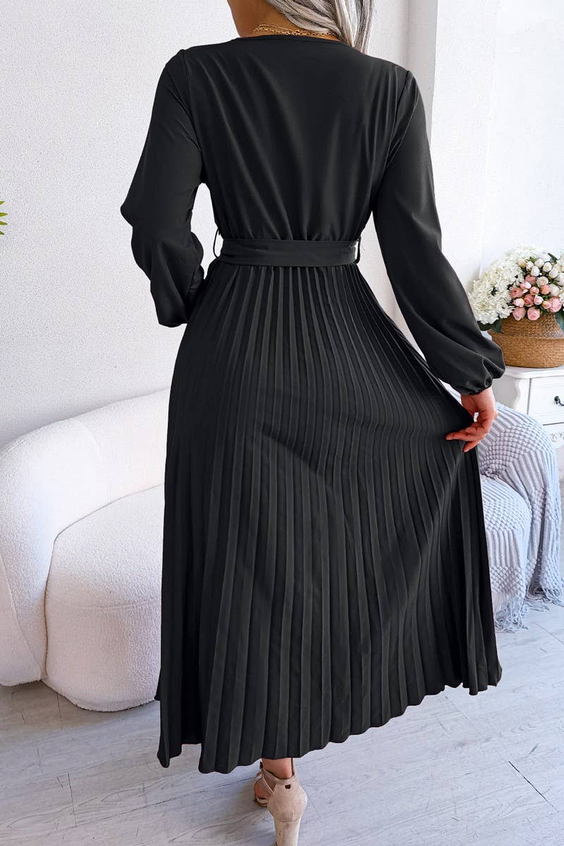 Solid V Neck Pleated Long Skirt_Cwdmd0762