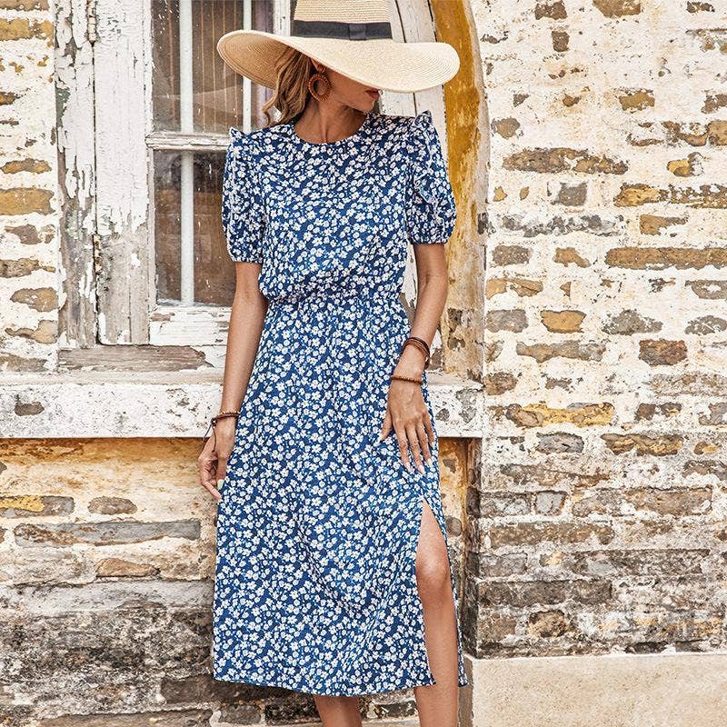 Split-Split Floral Blue Dress