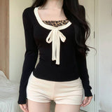 U Neck Leopard Print Bow Patchwork Fake Two Tops