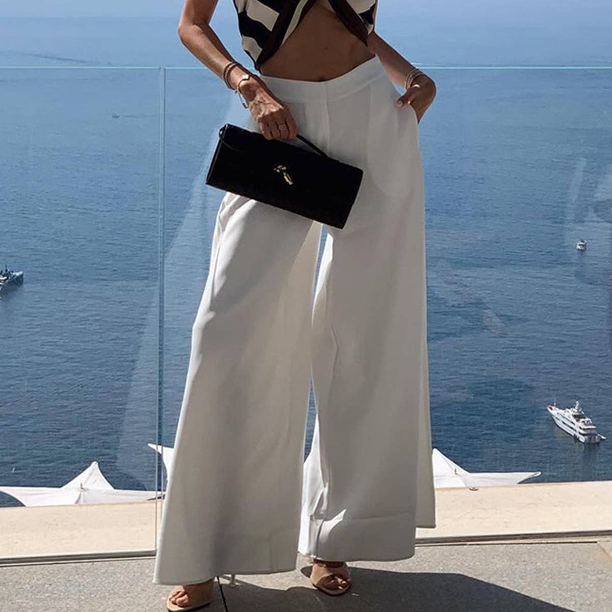 Stylish Solid Color Vacation Style Wide-Leg Pants