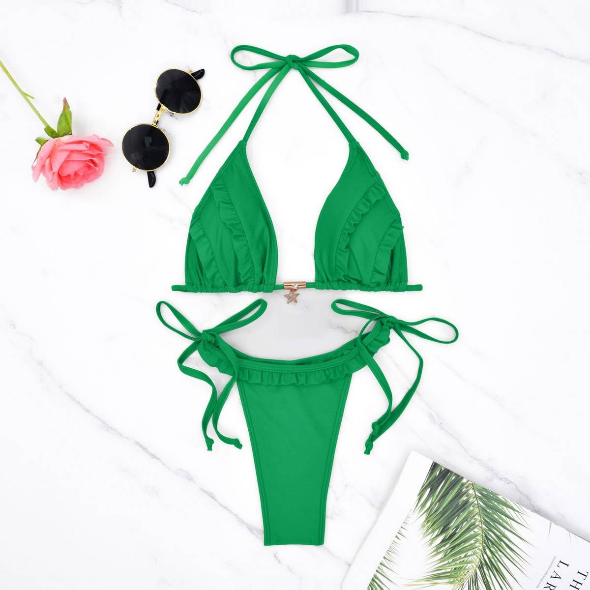 SOLID COLOR LACE UP BIKINI TWO PIECE SWIMSUIT_CWMW0759