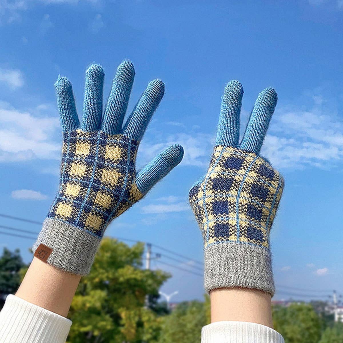 KNITTED FLEECE PLAID TOUCH SCREEN WARM GLOVES_CWAG0371