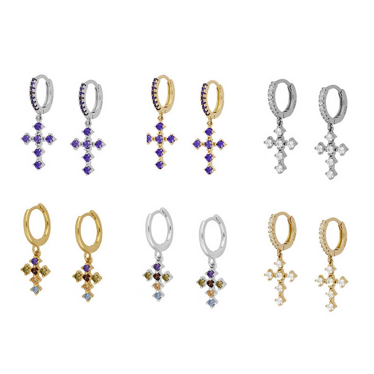 COLORFUL FRENCH CROSS DIAMOND EARRINGS_CWAJE1733