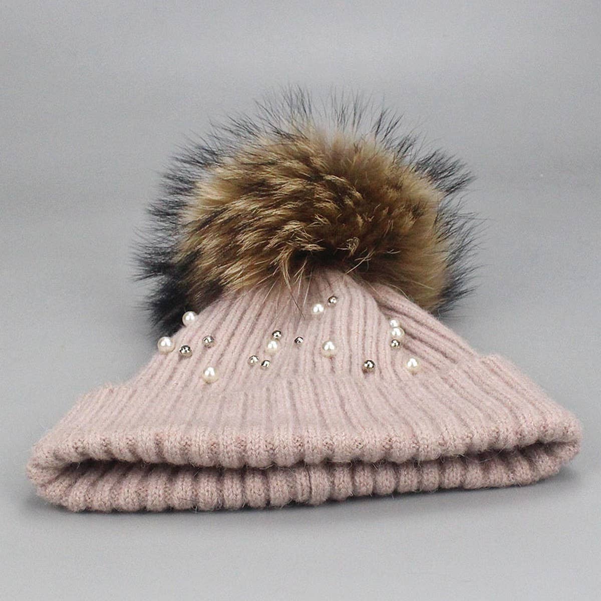 Women¡¯S Knit Beanie With Pearl & Fur Pom_Cwah04987