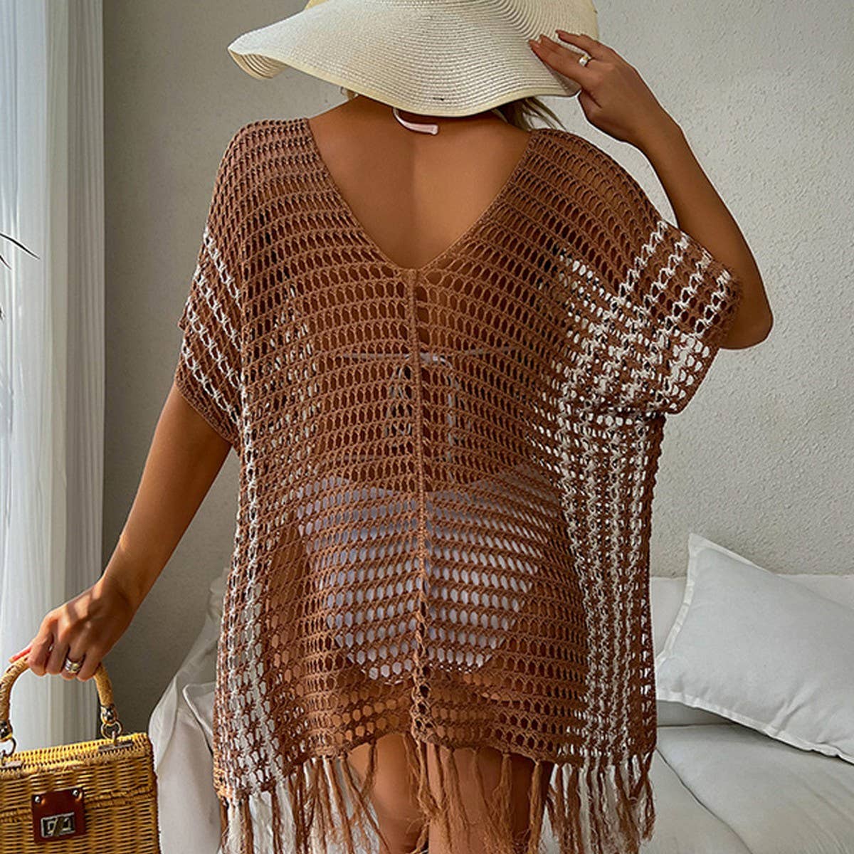 FRINGED CUTOUT BIKINI BEACH SWIMSUIT COVER UP_CWMW0672