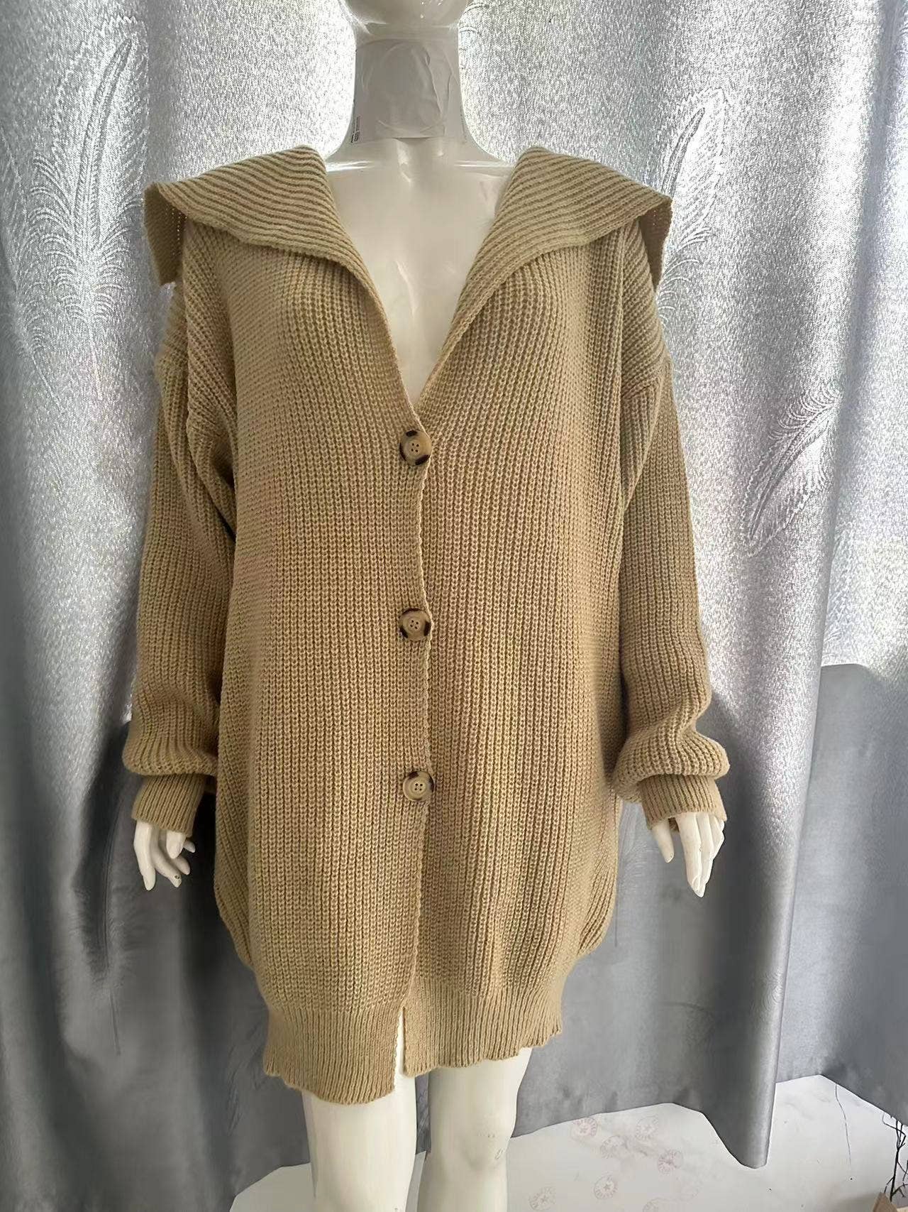 Solid Lapel Three-Button Mid-Length Cardigan