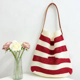 Cuab00330_2025 Striped Tote Bag Large Woven Vacation Bag