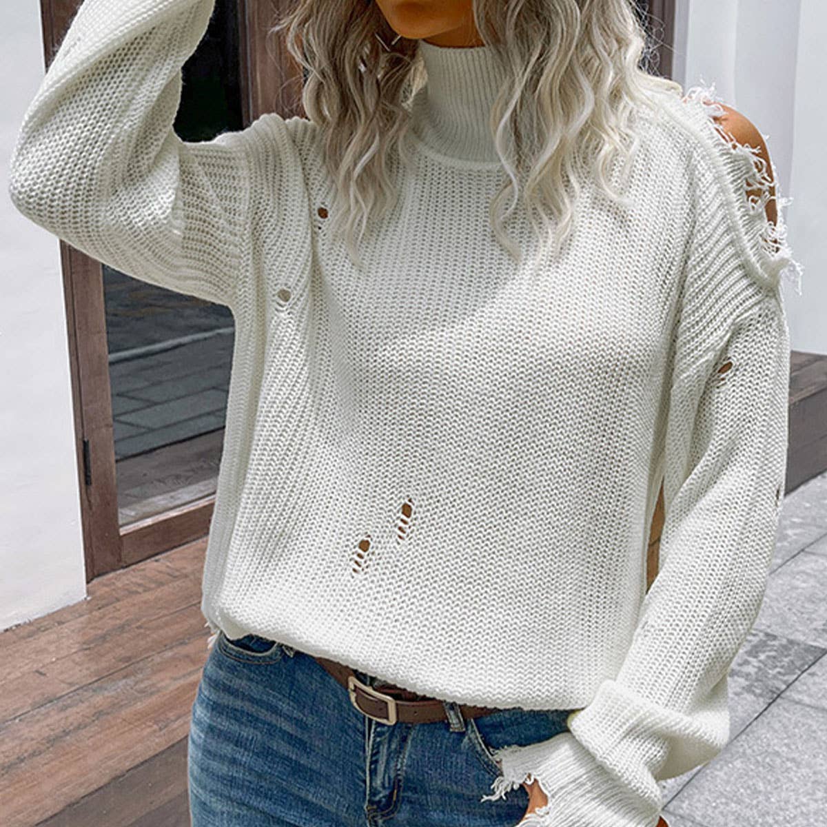 Worn Hollowed Out Solid Color Turtleneck Sweater