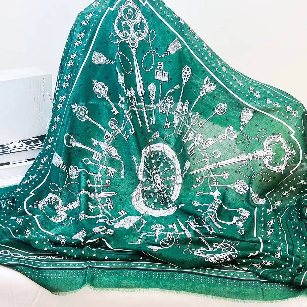 CHAIN PRINT SILK WOOL SCARF LUXURY TRAVEL SHAWL_CWASC0895