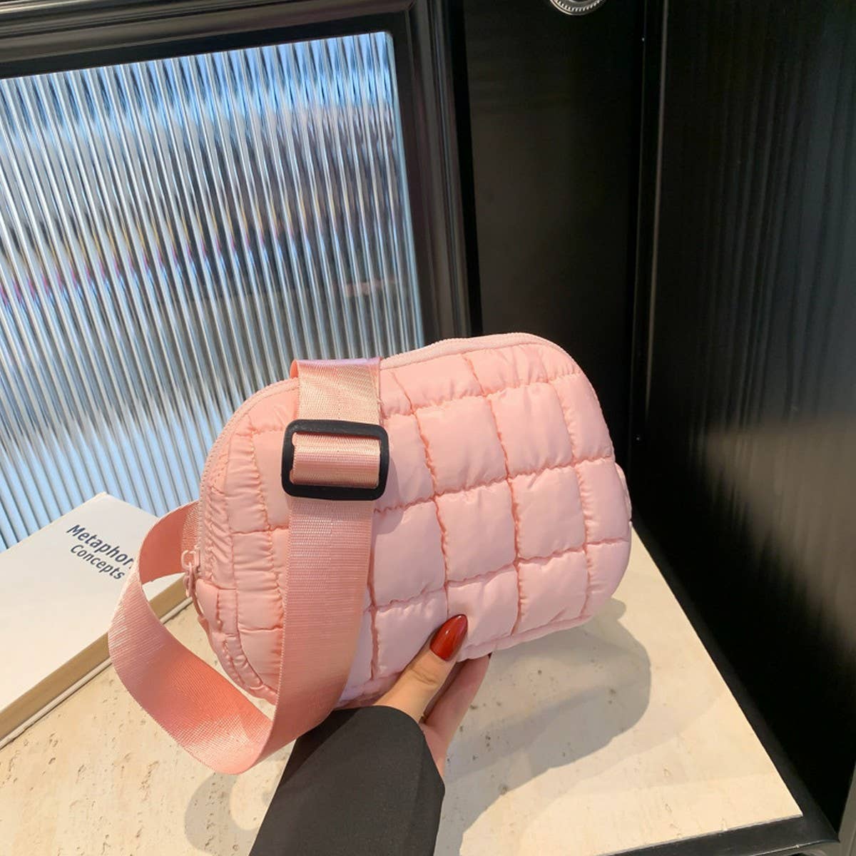 PLAID PUFFER WAIST BAG CROSSBODY CHEST PACK_CUAB00496