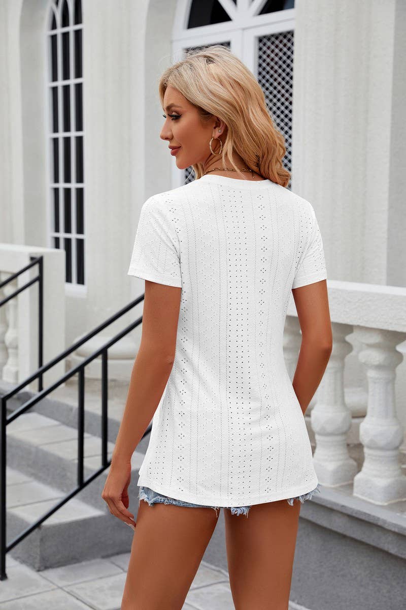 Solid Color Crew Neck Short Sleeve Split Top_Cwtsts0145