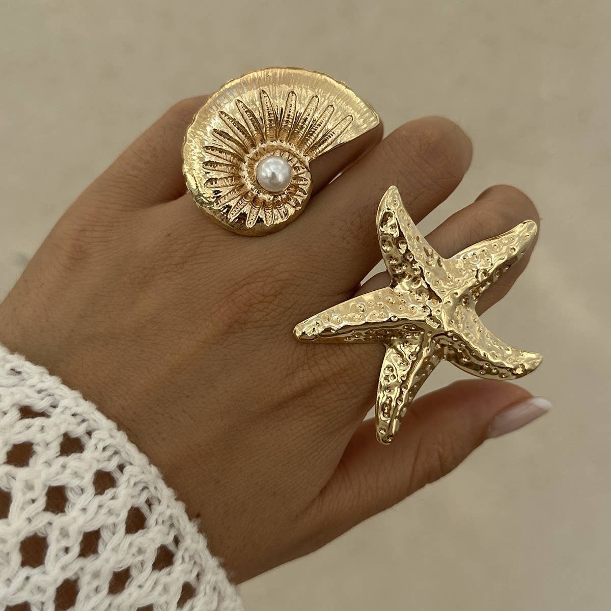 NEW BEACH IMITATION PEARL ADJUSTABLE ALLOY RING_CWMM3237