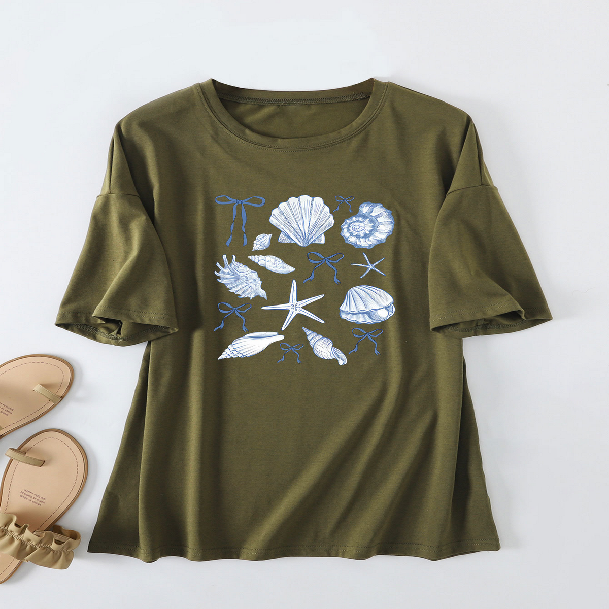 CUTE BOW PRINT T SHIRT FOR WOMEN SHELL NECKLINE_CWTTS1465