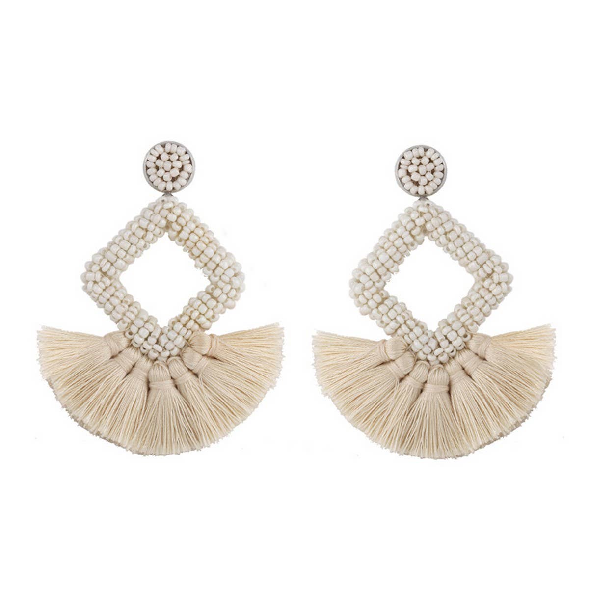 GEOMETRIC DIAMOND SHAPED RICE BEAD TASSEL EARRINGS_CWAJE1043