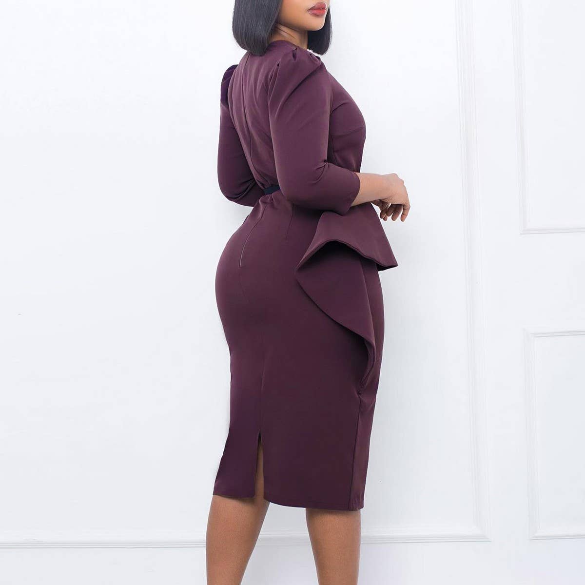 RUFFLED RETRO V NECK HIP HUGGING PENCIL DRESS_CWDSD6140