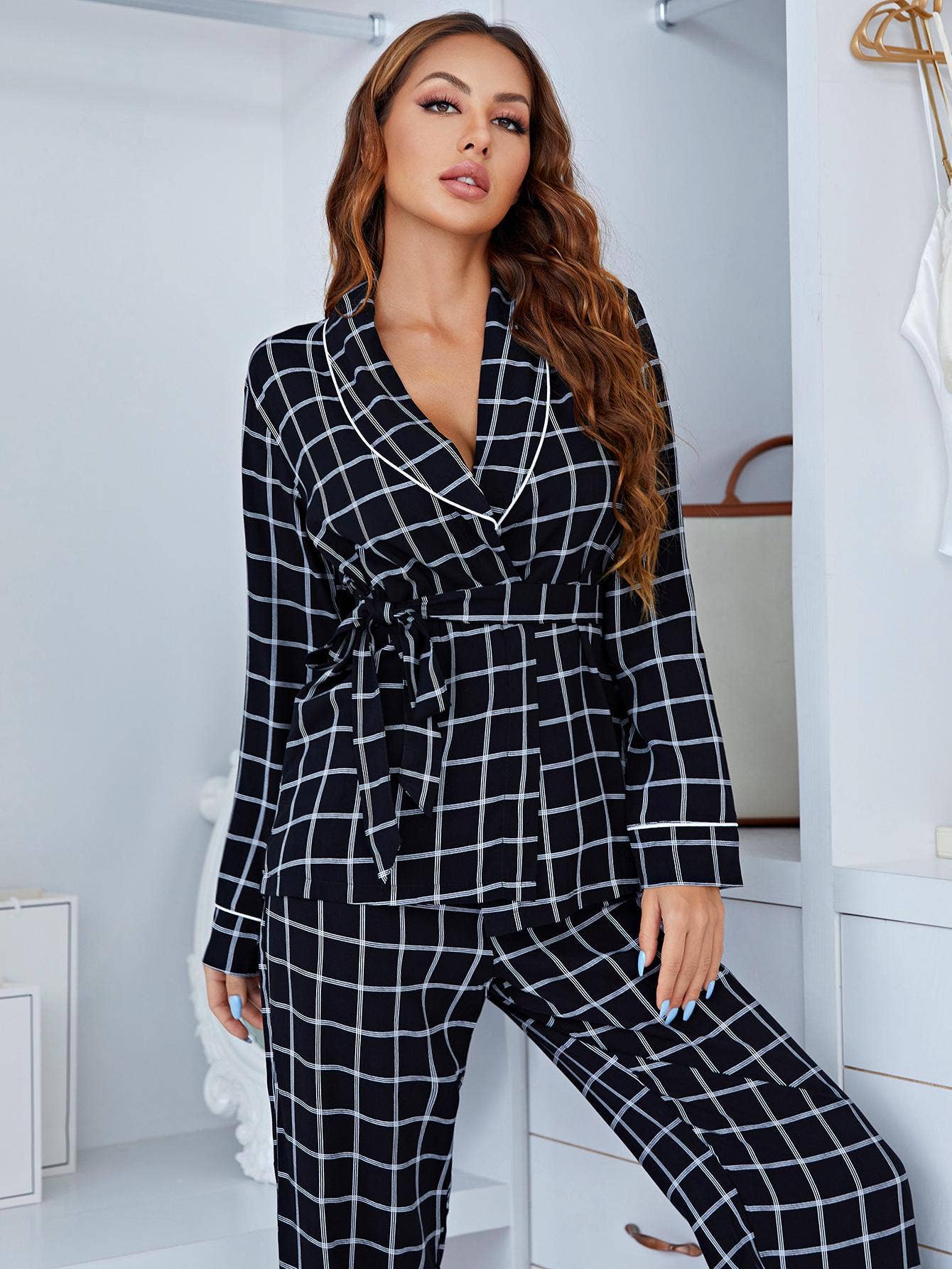 Two-Piece Long Sleeve Deep V-Neck Loungewear Set