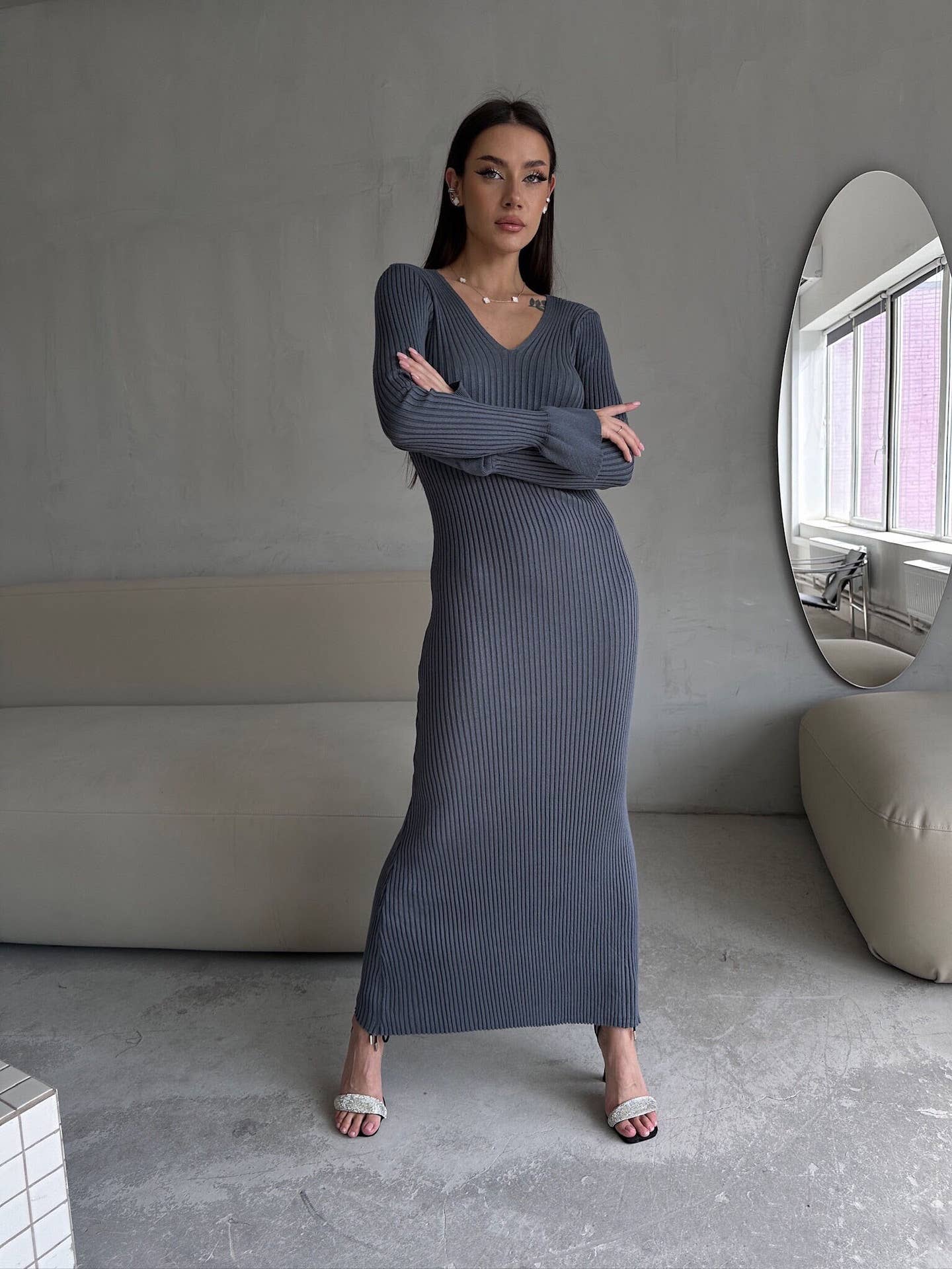 Solid Color Pit Wool Woven V-Neck Sweater Dress