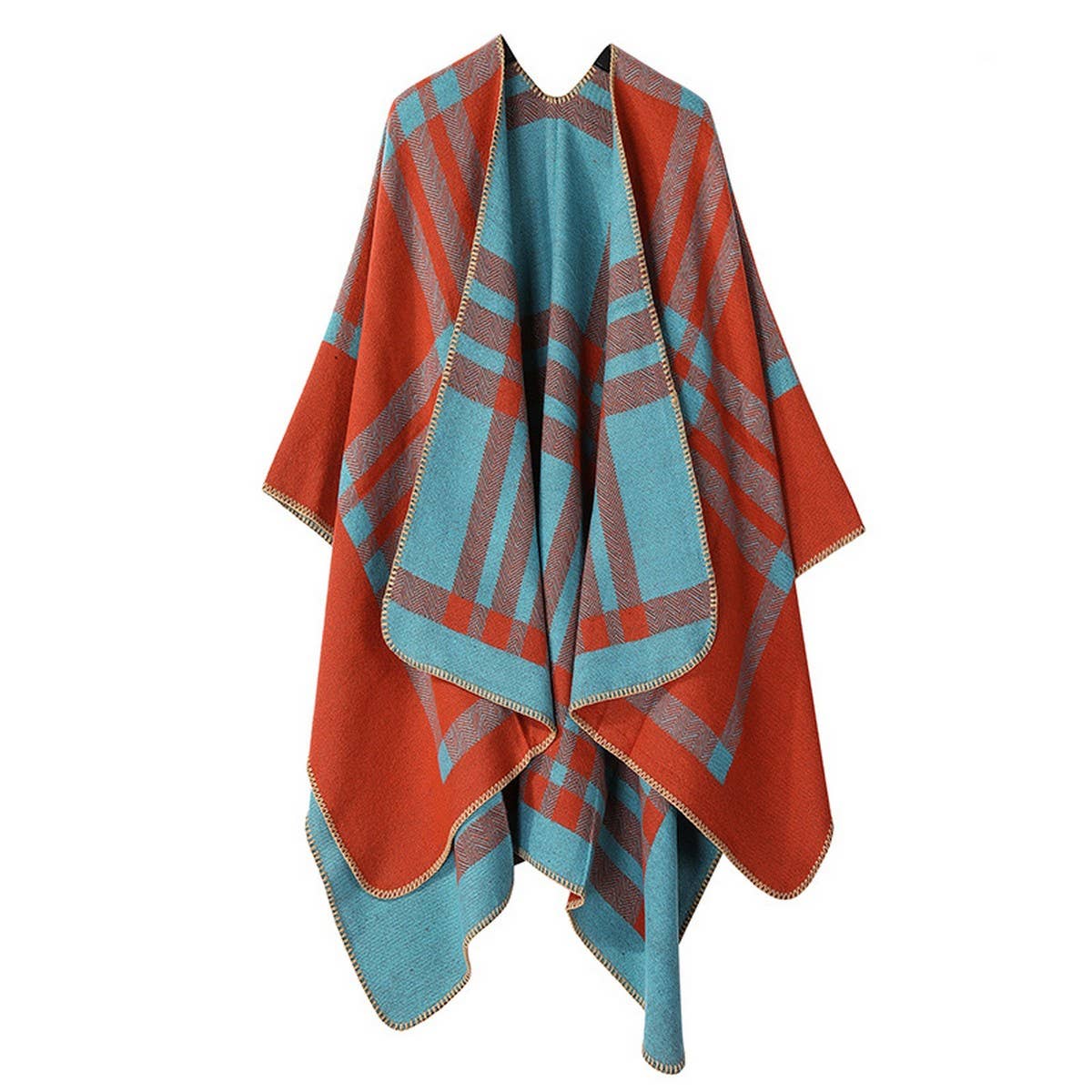 KNITTED WOOL PLAID LARGE SHAWL SCARF CLOAK_CWASC2170