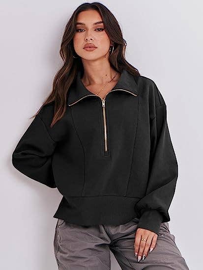 Solid Long-Sleeved Hoodie With Half Zip Collar