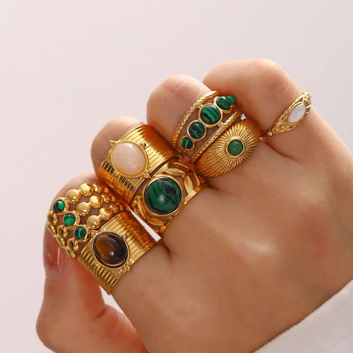 GOLD STAINLESS STEEL INLAID NATURAL STONE RINGS_CWAJE0611