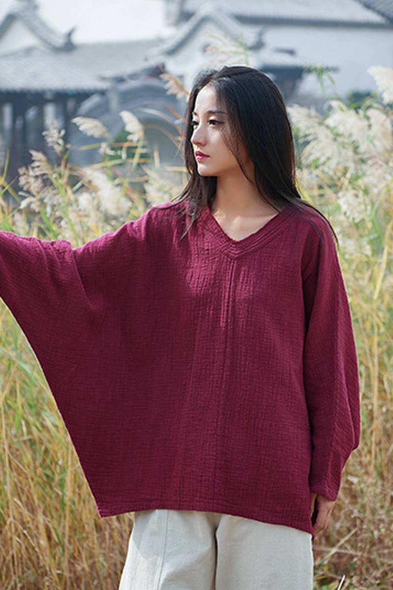 Cwtbll2463_Cotton And Linen Pullover V-Neck Bat T-Shirt