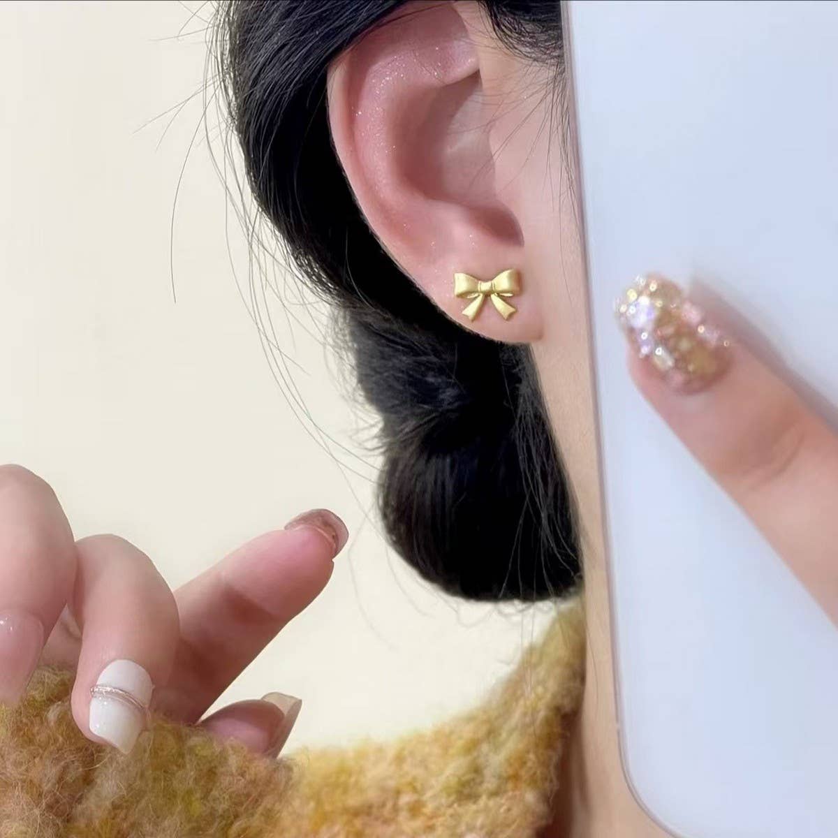 LIGHT LUXURY CHAMPAGNE COLOR PENDANT BOW EARRINGS_CWAJE3012