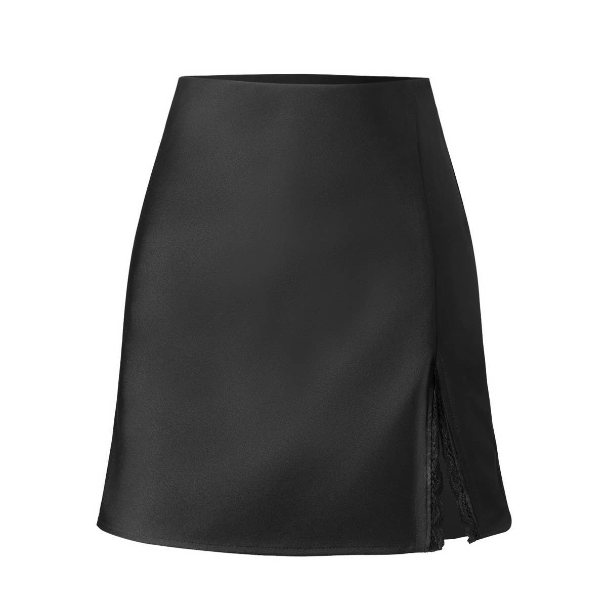SATIN SKIRT LACE SLIT HIGH WAISTELASTIC SHORTSKIRT_CWBSS0399