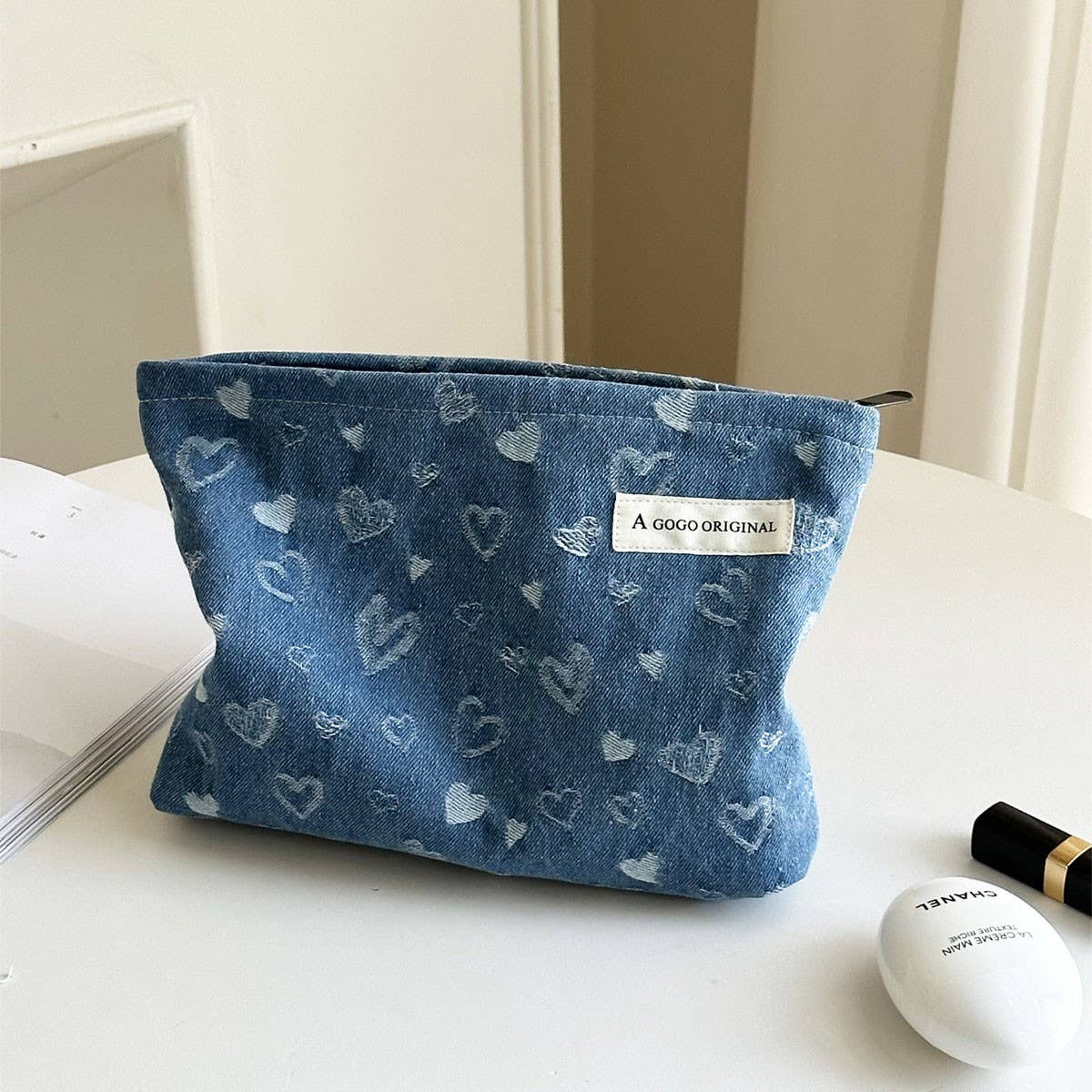 Denim Makeup Bag Large Pillow Handbag Travel Pouch_Cuab00702