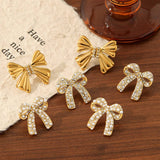 Titanium Steel Bow Earrings Inlaid With Rhinestones_Cwmm3605