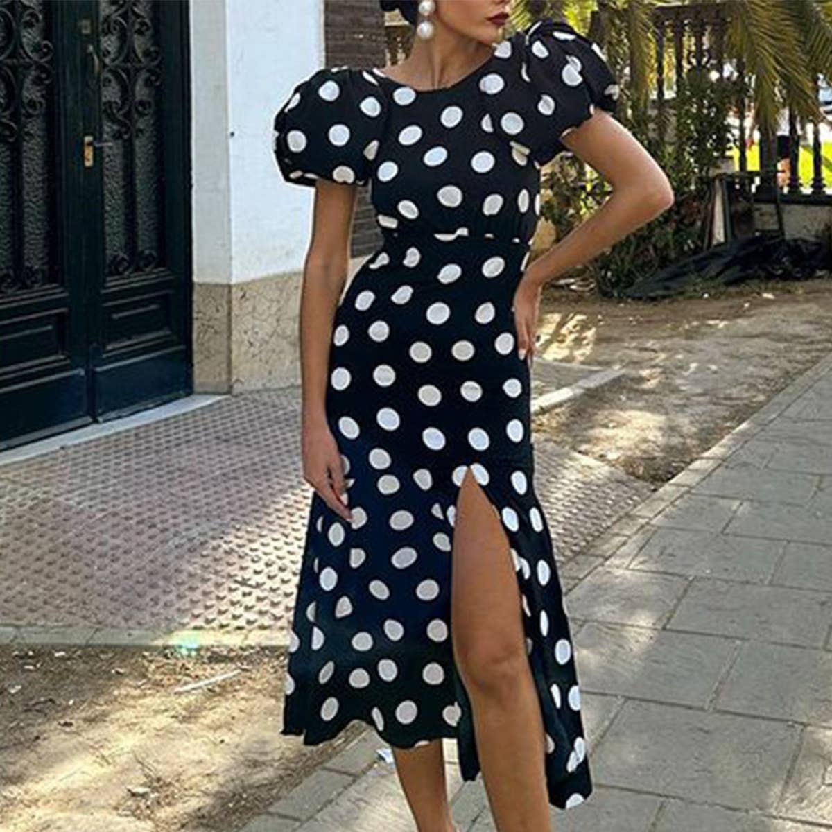 Style Print Puffed Sleeve Halter Long Dress
