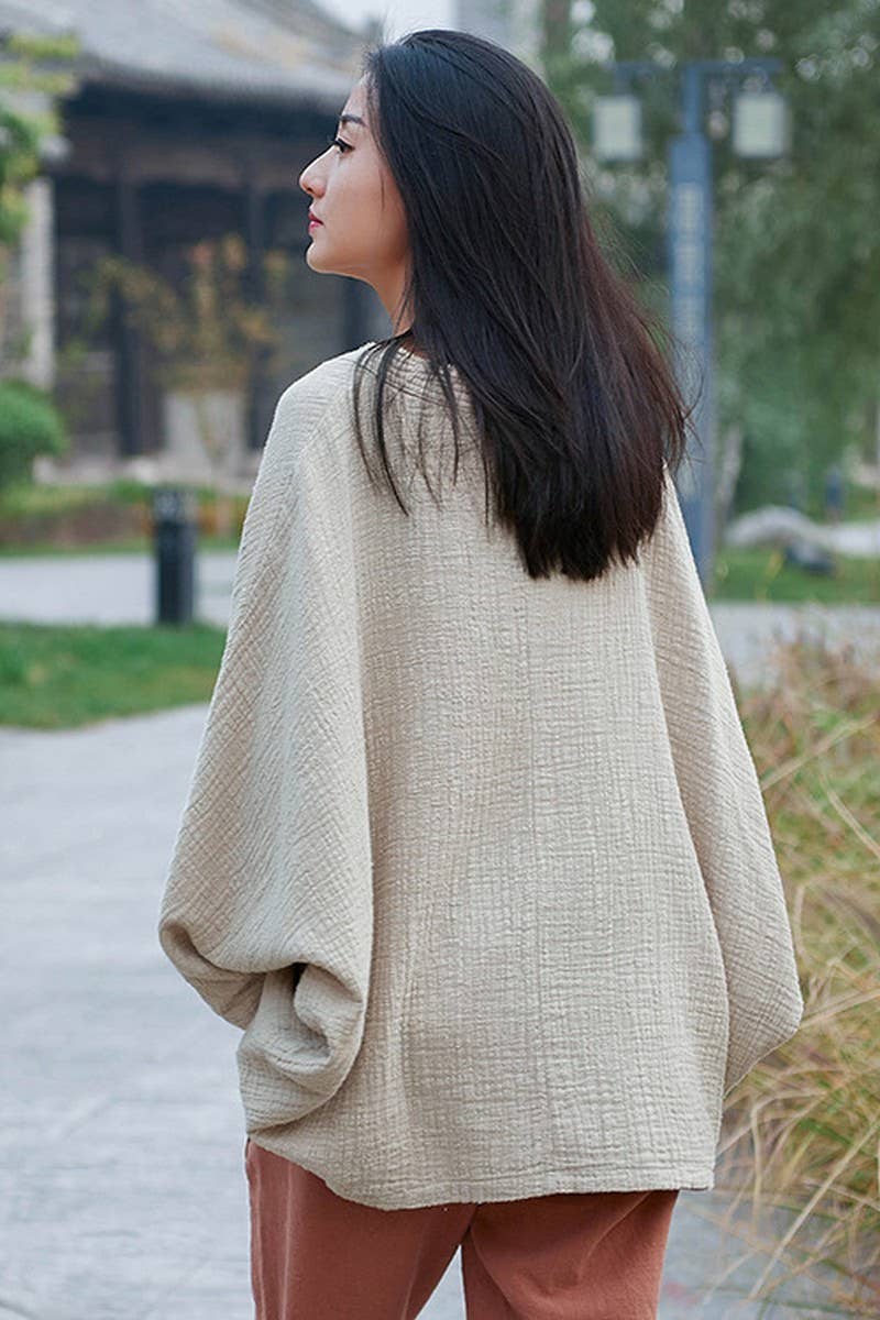 Cwtbll2463_Cotton And Linen Pullover V-Neck Bat T-Shirt