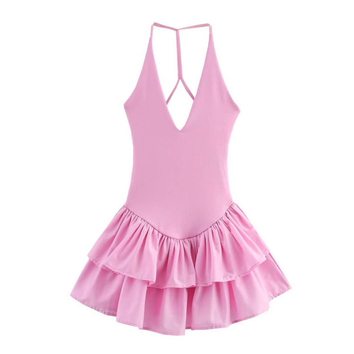 SOLID COLOR V NECK HALTER PATCHWORK DRESS_CWDHL0984