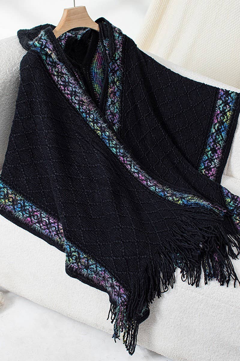 Cwocas0048_Ethnic Knitted Hooded Tassel Cape Shawl