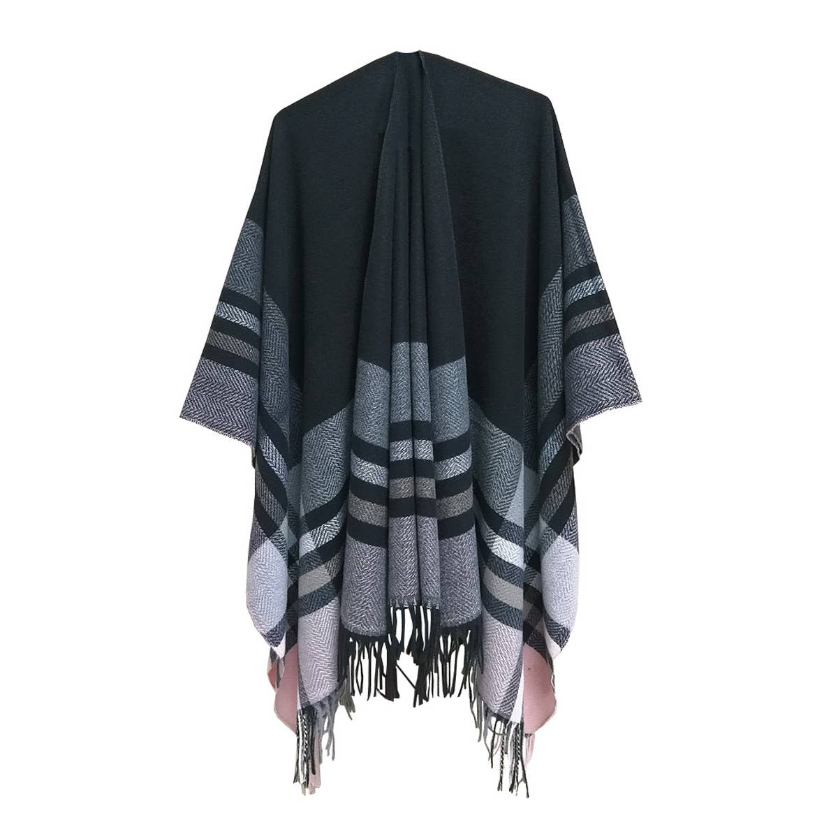 CAPE DOUBLE SIDED PLAID SLIT SHAWL_CWASC1209