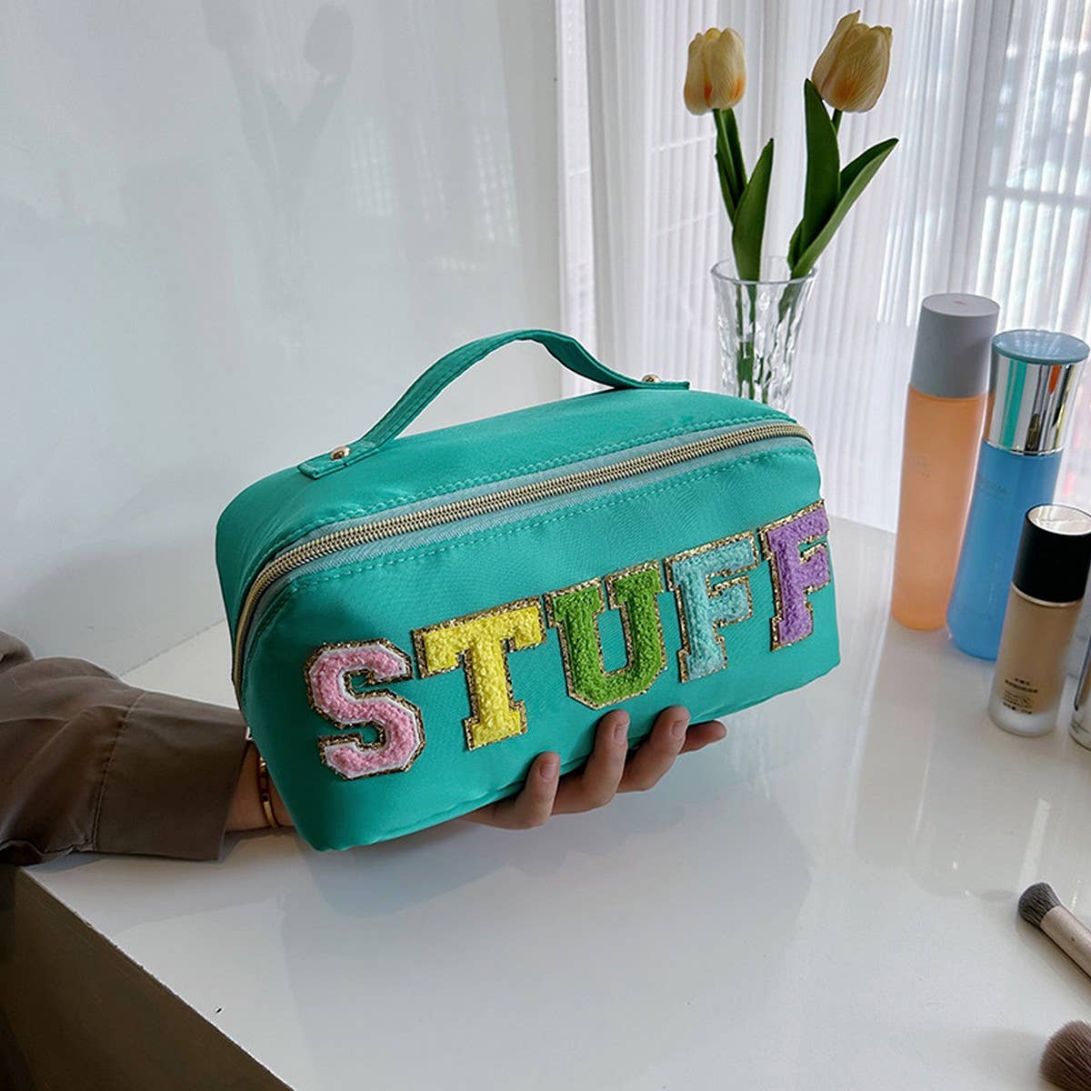 NYLON HAND HELD FLOCKING LETTER COSMETIC BAG_CWAB4383