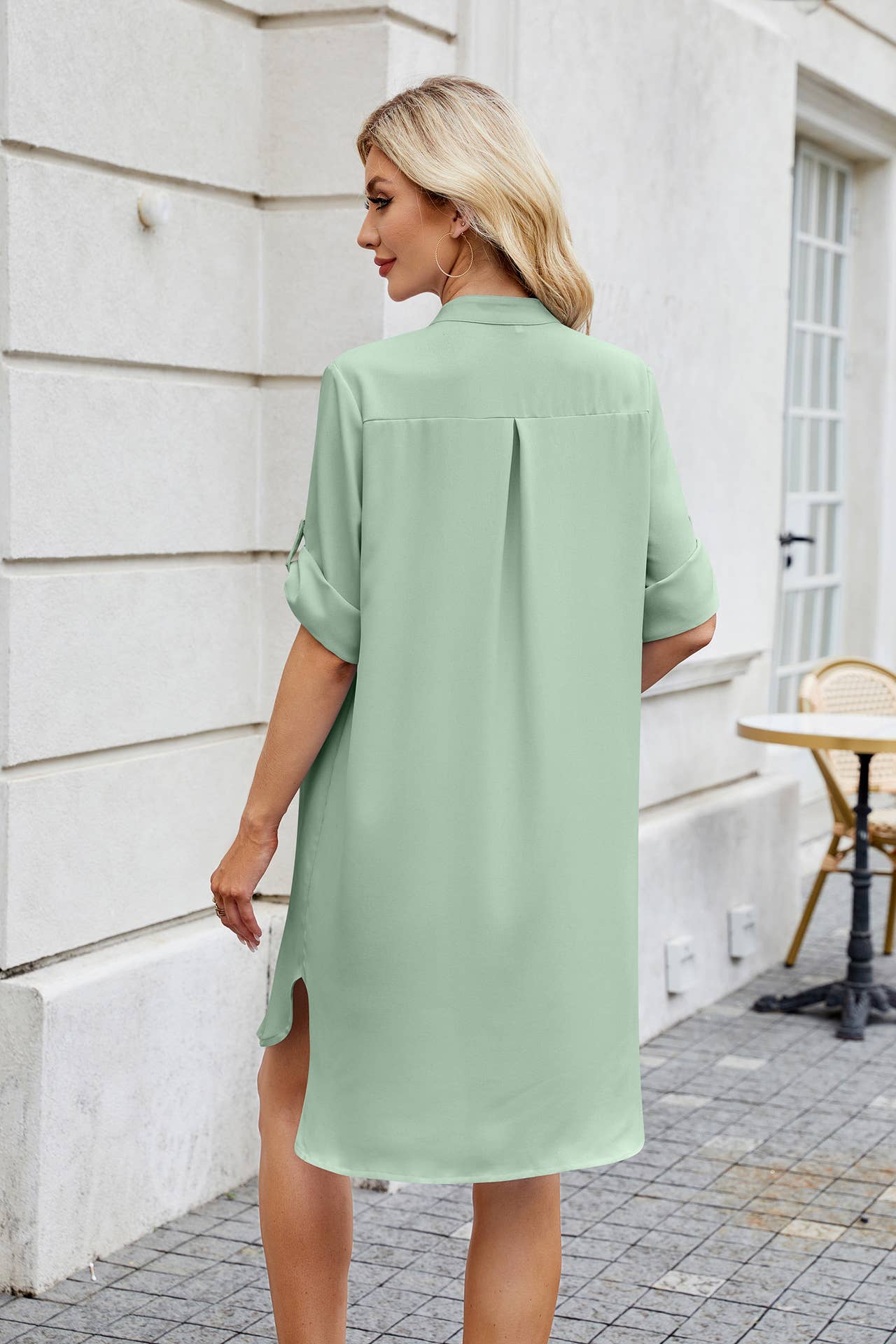Solid Color Mid-Sleeve Button-Down Shirt Dress