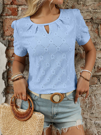 Solid Color Round Neck Cut-Out Button T-Shirt