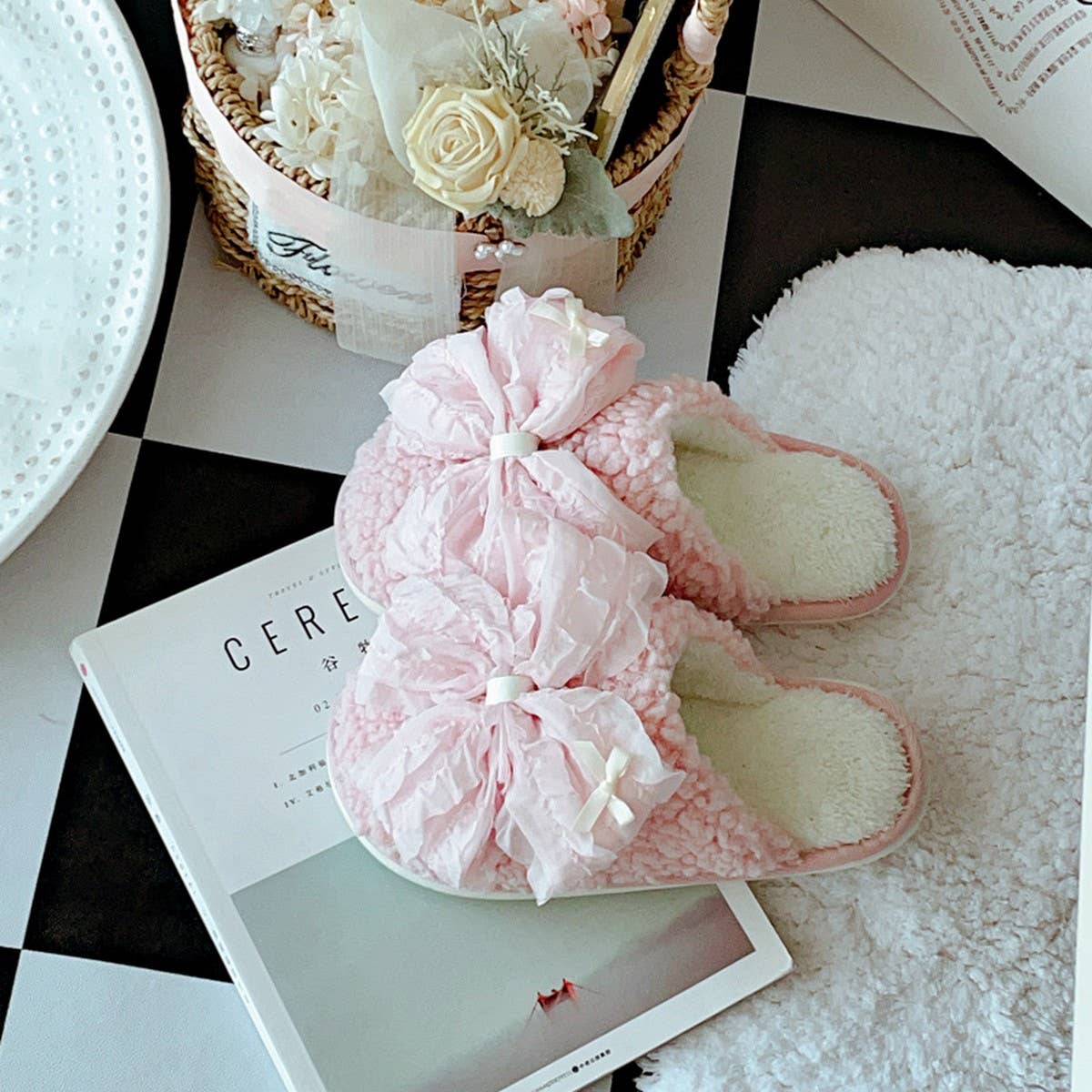 PALACE STYLE BOWKNOT COTTON NON SLIP SLIPPERS_CWMM2943