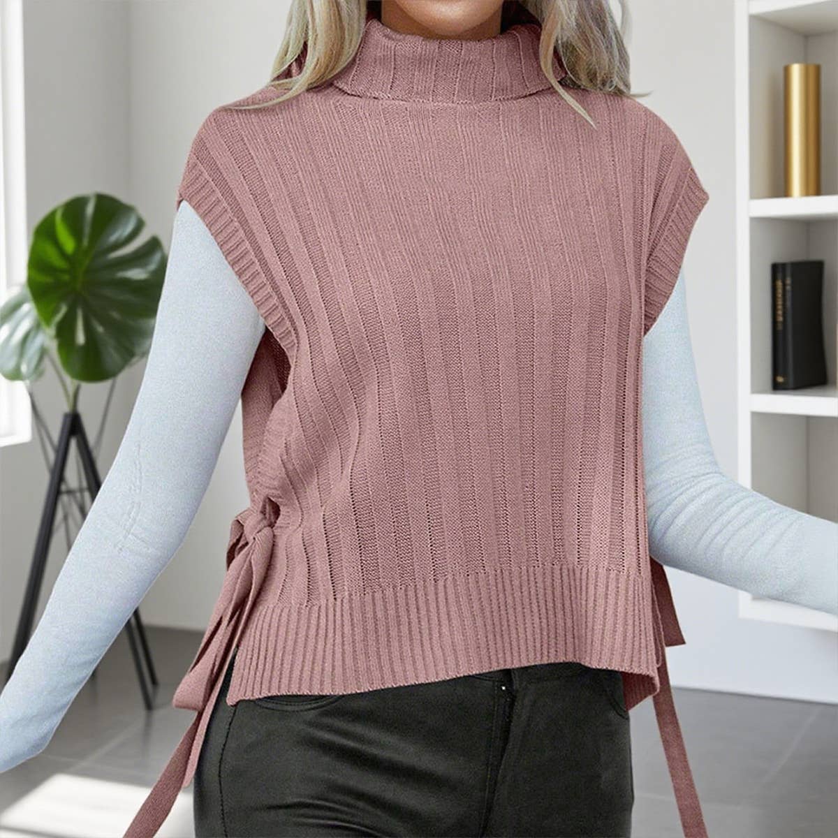 Solid-Color High-Neck Sleeveless Lace-Up Vest