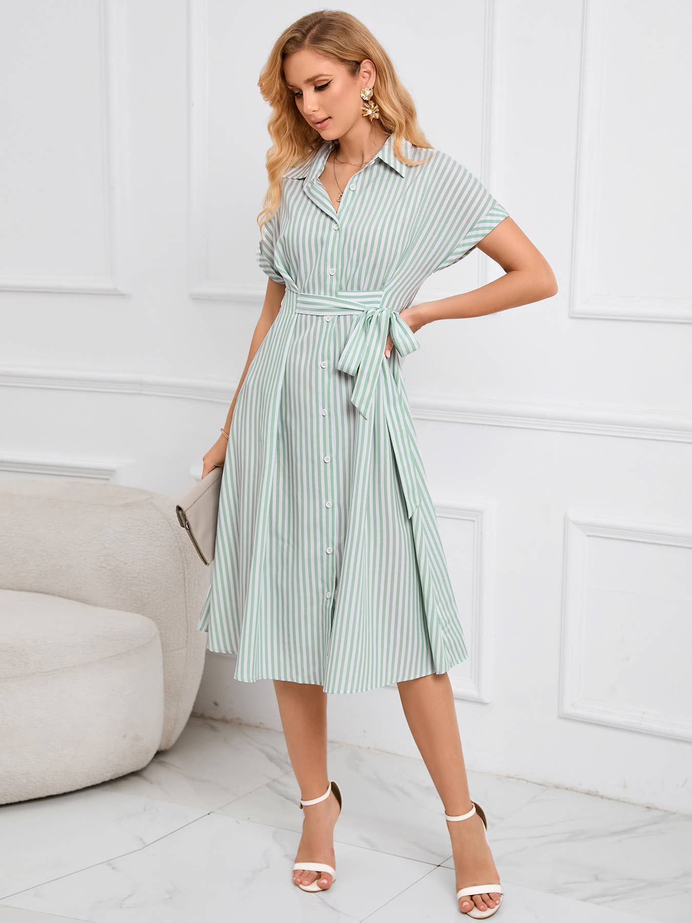 V-Neck Shirt-Style Single Breasted Striped Dress